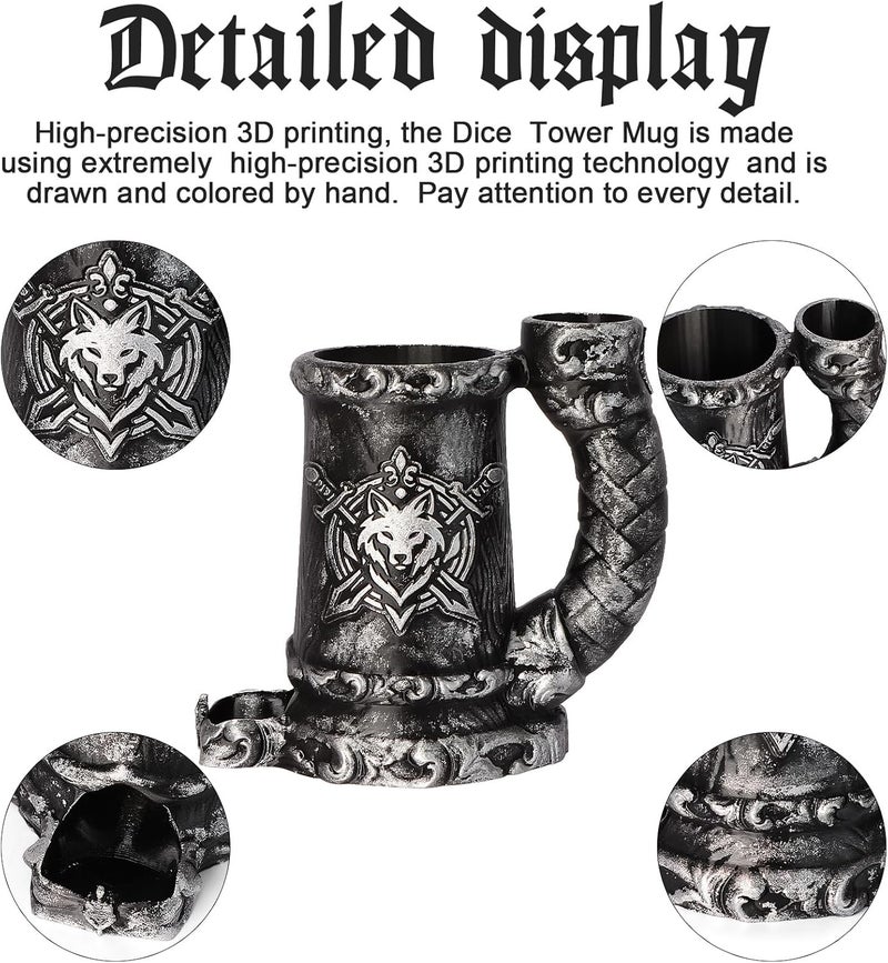 Luazuri Store Mug Dice Tower - Dice Rolling Tower,(7PCS D20 Dice Set Included) for DND Gift and Dungeons and Dragon, Tabletop Games, Drink Holder, Tavern Style Board Game Roller (Black) - Image 3